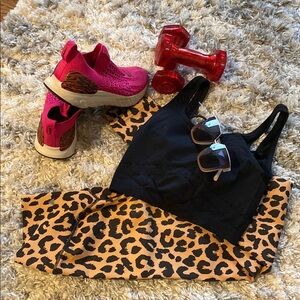 Balance Athletica  Leopard Print Leggings with Black Top and Pink Sneakers set